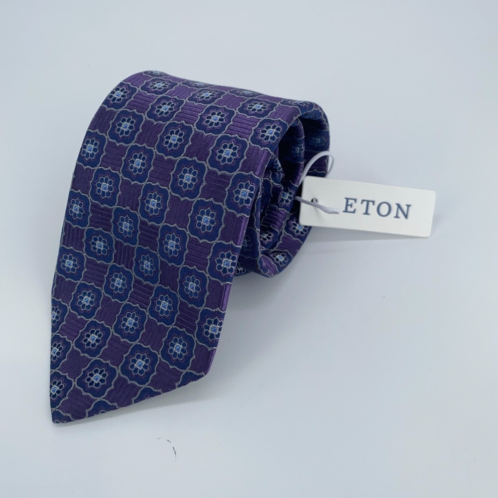 Eton Tie Mens One Size Purple Blue Patterned Silk Classic Necktie Italy Made NWT